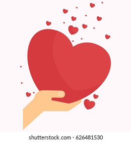 Hand with heart. Flat vector cartoon illustration. Objects isolated on a white background.