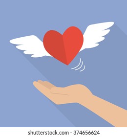 Hand with heart flying. Flat style design with long shadow