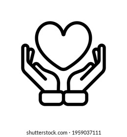 Hand and heart, help and care, simple icon. Black icon on white background