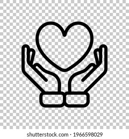 Hand and heart, help and care, simple icon. Black editable linear symbol on transparent background