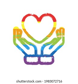 Hand and heart, help and care, simple icon. Drawing sign with LGBT style, seven colors of rainbow (red, orange, yellow, green, blue, indigo, violet