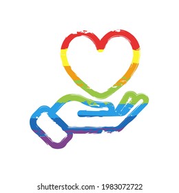 Hand and heart, help and care, simple icon. Drawing sign with LGBT style, seven colors of rainbow (red, orange, yellow, green, blue, indigo, violet