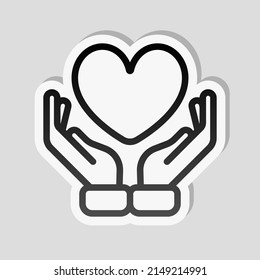 Hand and heart, help and care, simple icon. Linear sticker, white border and simple shadow on gray background
