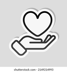 Mano y corazón, ayuda y cuidado, icono simple. Etiqueta lineal, borde blanco y sombra simple sobre fondo gris