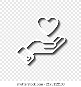 Hand and heart, help and care simple icon vector. Flat design. White with shadow on transparent grid.