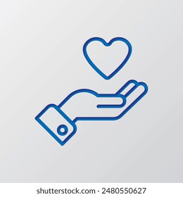 Mano y corazón, ayuda y cuidado simple icono Vector. Diseño plano. Diseño de corte de papel. Símbolo azul cortado con sombra. Fondo gris.ai