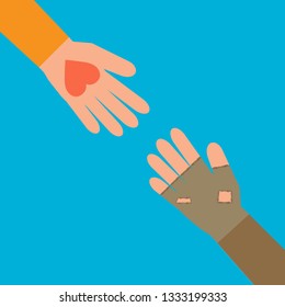 Hand with a heart and a hand in a holey glove against a blue background. Vector illustration