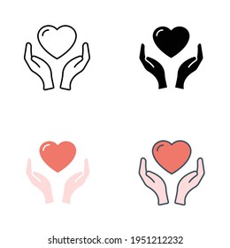 Hand heart icon in different style. Line, solid, flat, filled outline style. Holding, pictogram, care, graphic, life, health, save, love, give, charity concept. Vector illustration isolated. EPS 10.