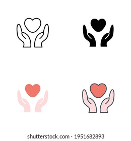 Hand heart icon in different style. Line, solid, flat, filled outline style. Holding, pictogram, care, graphic, life, health, save, love, give, charity concept. Vector illustration isolated. EPS 10.