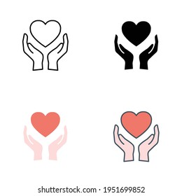 Icono de corazón de mano con un estilo diferente. Estilo de contorno de línea, sólido, plano y relleno. Tener, pictograma, cuidado, gráfico, vida, salud, salvar, amar, dar, concepto de caridad. Ilustración vectorial aislada. EPS 10.