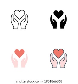 Hand heart icon in different style. Line, solid, flat, filled outline style. Holding, pictogram, care, graphic, life, health, save, love, give, charity concept. Vector illustration isolated. EPS 10.