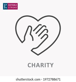 Hand in heart icon. Editable stroke. Vector illustration.