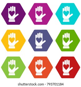 Hand with heart icon set many color hexahedron isolated on white vector illustration
