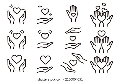 Hand and heart icon set (monochrome).Easy-to-use vector material.