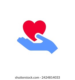 hand with heart icon or Valentines day symbol, holiday sign designed for celebration, vector trendy modern style.