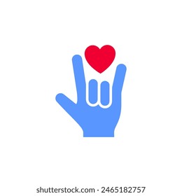 Hand with heart icon or Valentines day symbol, holiday sign designed for celebration, vector trendy modern style.