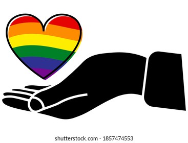 Hand with a heart inside in rainbow color. Gay Pride. LGBT concept. Lesbian, gay, bisexual, transgender concept, love symbol. LGBT heart flag. Equality and self-affirmation. Vector illustration