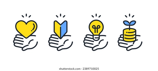 Hand, heart, light bulb, beginner mark, investment simple vector icon illustration set material