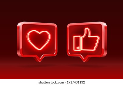 Hand And Heart Like Neon Icon, Sign Follower 3d Banner, Best Post Social Media. Vector Illustration
