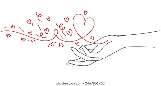 hand with heart line art style vector illustration