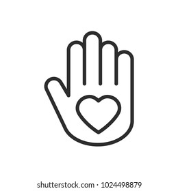 Hand With Heart Line Icon. Love Relationship Peace Charity Volunteer Help Care Protection Support Theme. Peace Sign And Symbol.