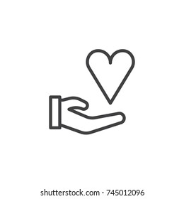 Hand and heart line icon, outline vector sign, linear style pictogram isolated on white. Love and valentine's day symbol, logo illustration. Editable stroke