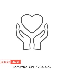 Hand heart line icon. Simple outline style. Holding, pictogram, care, graphic, life, health, save, love, give, charity concept. Vector illustration isolated on white background. Editable stroke EPS 10