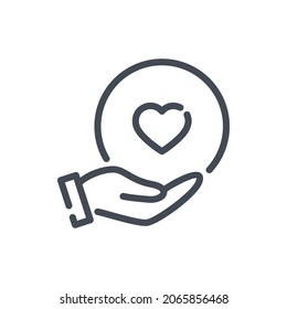 Hand with heart line icon. Take care with love vector outline sign.