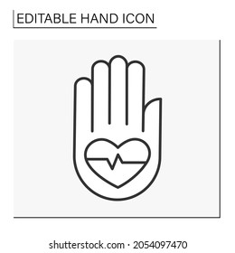 Hand with heart line icon.Health and medicine. Healthcare. Hospital for sick people. Hand concept. Isolated vector illustration. Editable stroke
