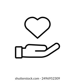 Hand with heart linear icon. Thin line customizable illustration. Contour symbol. Vector isolated outline drawing. Editable stroke