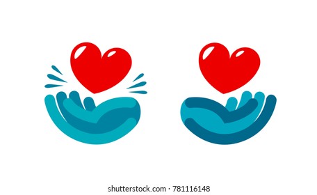 Hand and heart, logo. Care, health, charity icon or label. Vector illustration