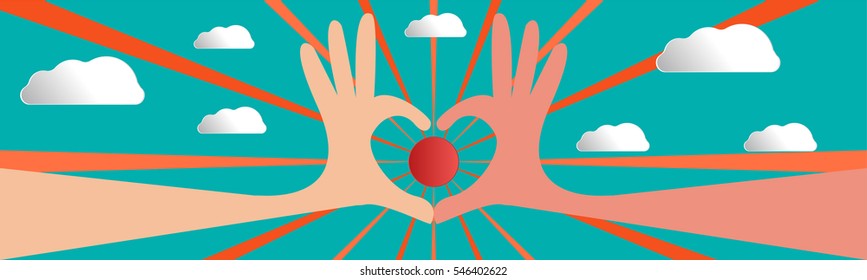 hand heart, looking sunset