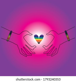 Hand heart love gay pride LGBT vector violet background 