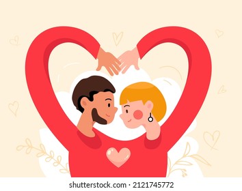 Hand heart. Loving heterosexual couple. Bonding and hugging. Love gesture. Men and woman wearing one sweater. Holding hands together. Valentine's day greeting card. 