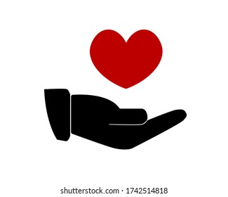 Hand with heart on white background. Red and black colors. For icon, background, printing, banner. 