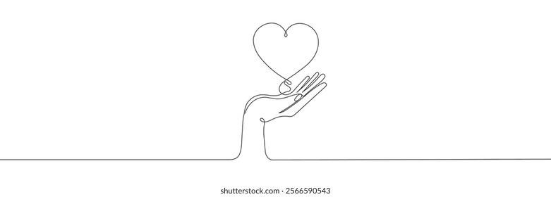 hand with heart one continuous line art style. vector illustration. editable line.