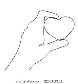 Hand with heart one line art,love concept continuous contour drawing,hand-drawn Valentine's day decoration.Romance, engagement and marriage symbol. Editable stroke.Isolated.Vector illustration