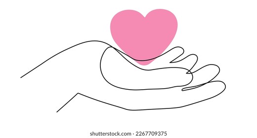 Hand with heart one line art,love concept continuous contour drawing,hand-drawn Valentine's day decoration.Romance, engagement and marriage symbol. Editable stroke.Isolated.Vector illustration