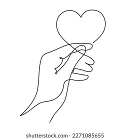 Hand with heart one line art,love concept continuous contour drawing,hand-drawn Valentine's day decoration.Romance, engagement and marriage symbol. Editable stroke.Isolated.Vector illustration