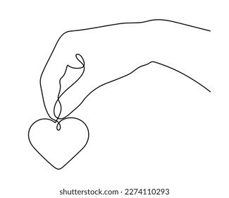 Hand with heart one line art,love concept continuous contour drawing,hand-drawn Valentine's day decoration.Romance, engagement and marriage symbol. Editable stroke.Isolated.Vector illustration