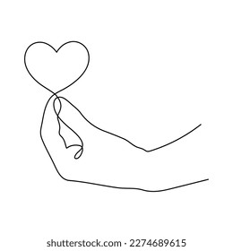 Hand with heart one line art,love concept continuous contour drawing,hand-drawn Valentine's day decoration.Romance, engagement and marriage symbol. Editable stroke.Isolated.Vector illustration