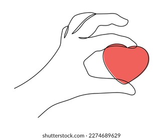 Hand with heart one line art,love concept continuous contour drawing,hand-drawn Valentine's day decoration.Romance, engagement and marriage symbol. Editable stroke.Isolated.Vector illustration