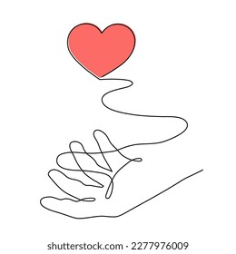 Hand with heart one line art,love concept continuous contour drawing,hand-drawn Valentine's day decoration.Romance, engagement and marriage symbol. Editable stroke.Isolated.Vector illustration