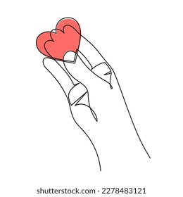 Hand with heart one line art,love concept continuous contour drawing,hand-drawn Valentine's day decoration.Romance, engagement and marriage symbol. Editable stroke.Isolated.Vector illustration