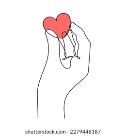 Hand with heart one line art,love concept continuous contour drawing,hand-drawn Valentine's day decoration.Romance, engagement and marriage symbol. Editable stroke.Isolated.Vector illustration