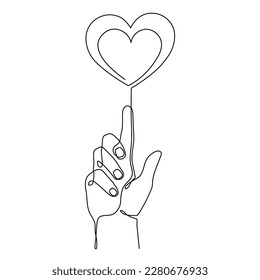 Hand with heart one line art,love concept continuous contour drawing,hand-drawn Valentine's day decoration.Romance, engagement and marriage symbol. Editable stroke.Isolated.Vector illustration