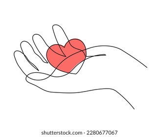 Hand with heart one line art,love concept continuous contour drawing,hand-drawn Valentine's day decoration.Romance, engagement and marriage symbol. Editable stroke.Isolated.Vector illustration