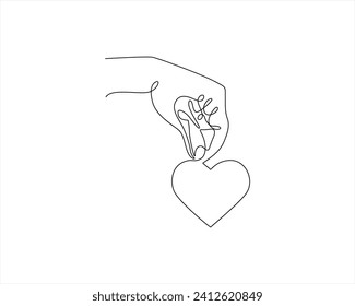 Hand with heart one line art,love concept continuous contour drawing,hand-drawn Valentine's day decoration.Romance, engagement and marriage symbol. Editable stroke. stock illustration