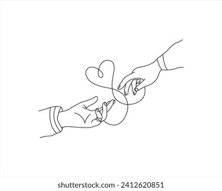 Hand with heart one line art,love concept continuous contour drawing,hand-drawn Valentine's day decoration.Romance, engagement and marriage symbol. Editable stroke. stock illustration