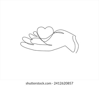 Hand with heart one line art,love concept continuous contour drawing,hand-drawn Valentine's day decoration.Romance, engagement and marriage symbol. Editable stroke. stock illustration